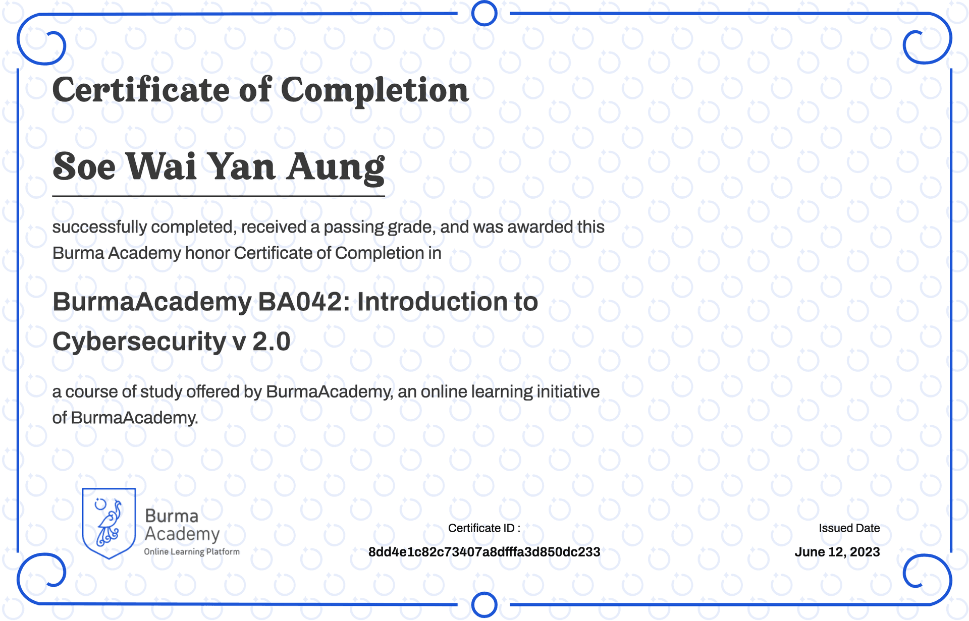 Introduction to Cybersecurity certificate issued by Burma Academy